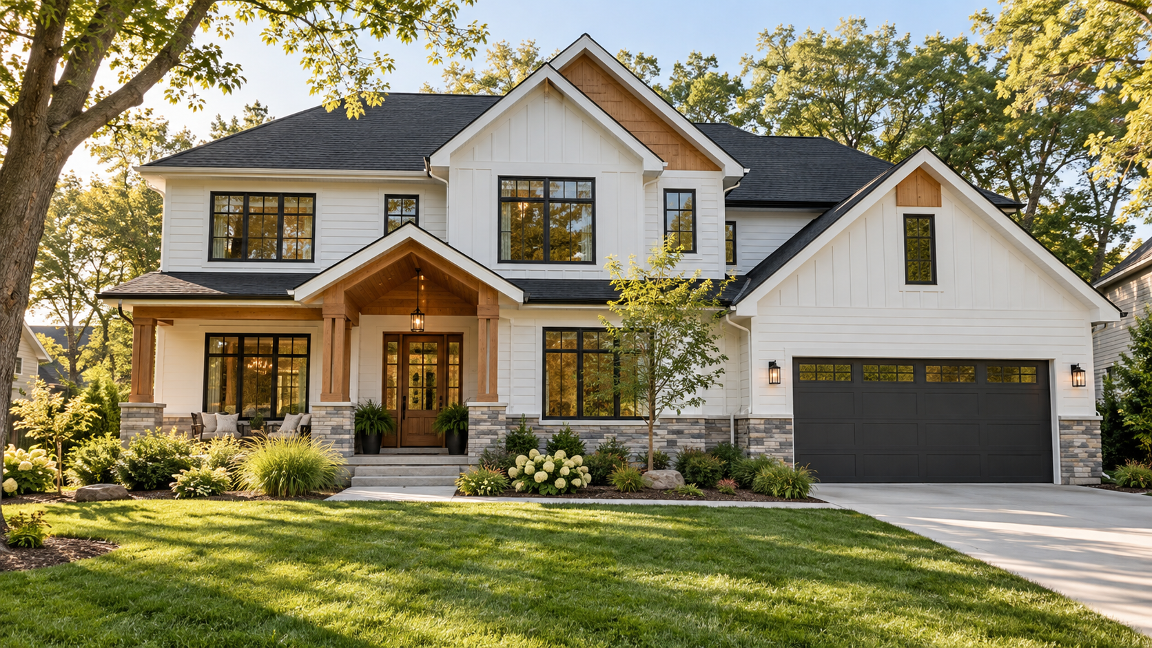 Illustrative contemporary home with white siding, wood accents and a landscaped lawn
