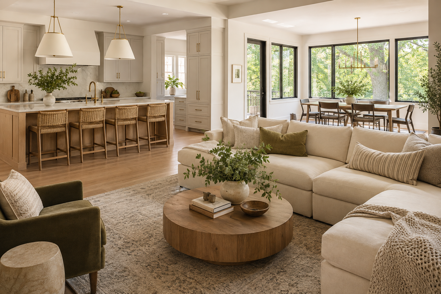 Illustrative light-filled living room and kitchen with natural wood finishes