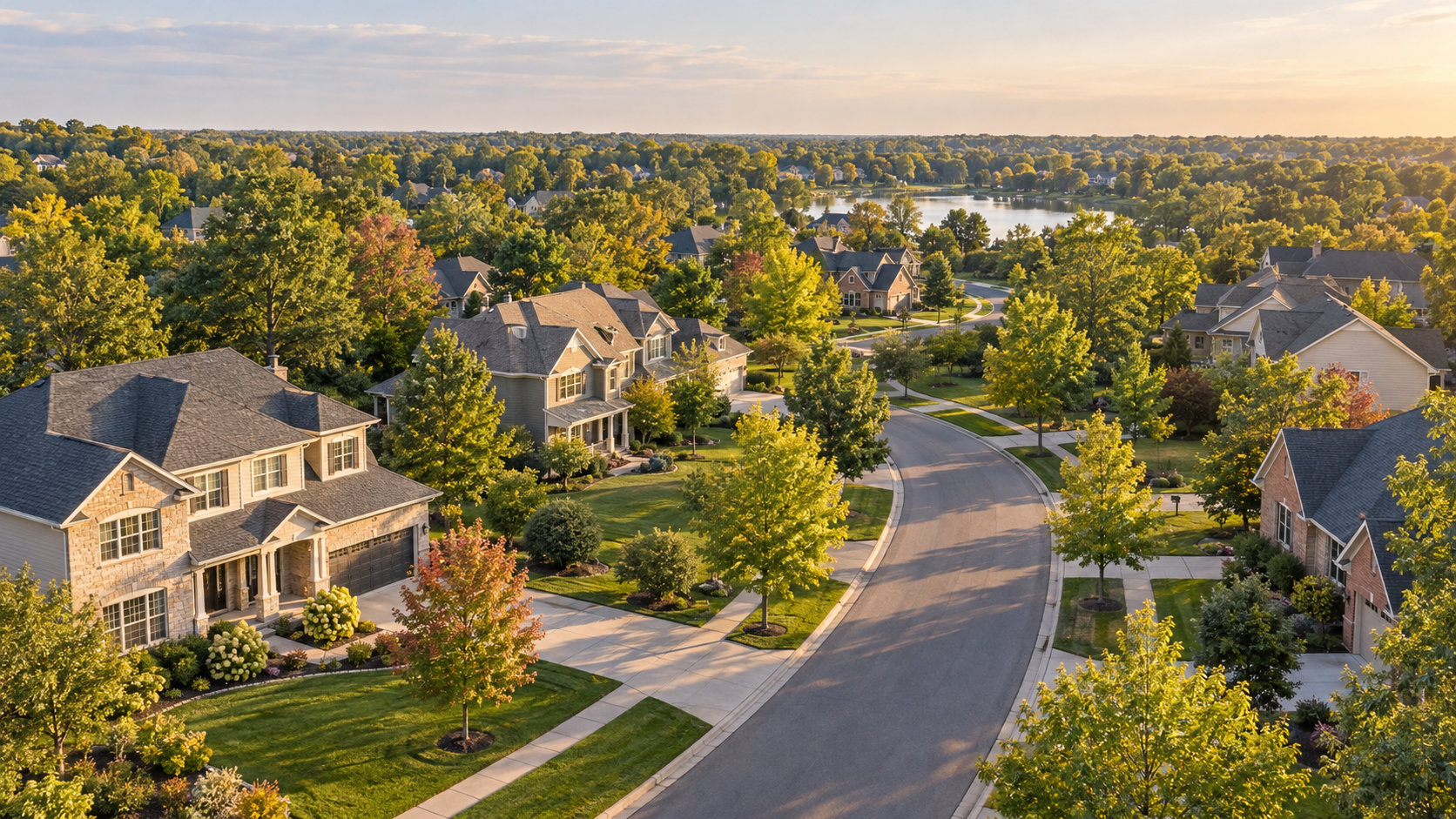Illustrative leafy neighborhood with detached homes and a quiet curving street